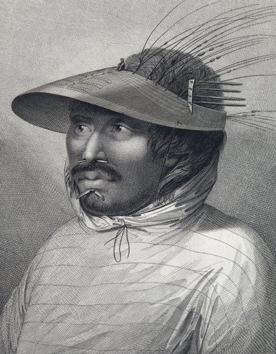 Muotokuva miehestä Oonalashkasta (tai Unalaskasta, Alaska, Yhdysvallat). 1700-luvun lopun kaiverrus, William Sharp () , John Webberin (1751-1793) mukaan. tekijältä John (after) Webber