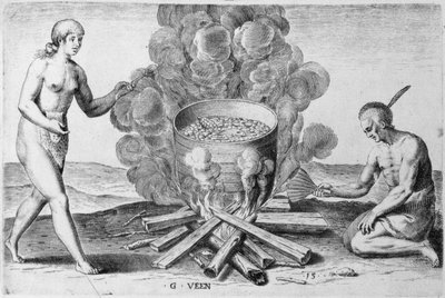 Keittäminen kattilassa, kaiverrus Gysbert van Veen (1562-1628) (kaiverrus) tekijältä John (after) White