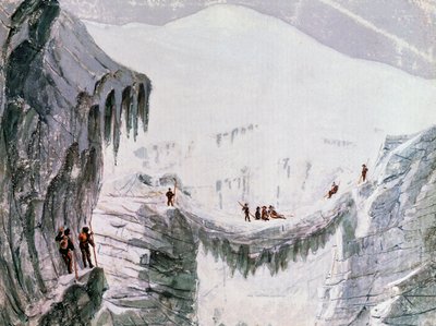 Kiipeily Mont Blancilla, kiipeilijät ripustettu railosta, akvarelli, Ranska tekijältä Walter Charles Mills