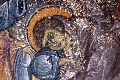 Ioannis Pagomenoksen pyhimyksen figuuri, yksityiskohta freskosta bysanttilaisessa Pyhän Yrjön kirkossa, Anidri, Kreeta, Kreikka (kuva) tekijältä Walter Charles Mills