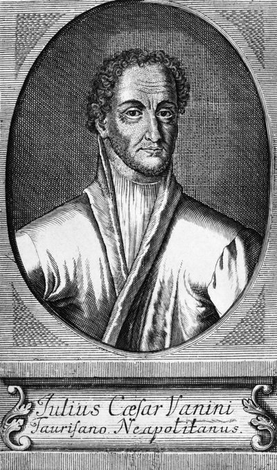 Muotokuva Lucilio Vaninista, joka tunnetaan nimellä Giulio Cesare Vanini (1585-1619), italialainen filosofi, lääkäri ja vapaa-ajattelija, joka oli yksi ensimmäisistä merkittävistä älyllisen libertinismin edustajista, kaiverrus tekijältä Walter Charles Mills