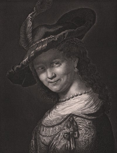 Muotokuva Saskia van Uylenburghista (1612-1642), Rembrandtin vaimo, L Raabin kaiverrus Rembrandtin maalauksesta, Paynen kuninkaallisesta Dresdenin galleriasta, Albert Henry Payne, H Payne Dresden ja Leipzig Publisher, noin 1840 tekijältä Walter Charles Mills