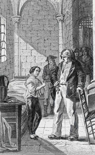 Dauphin Louis Charles ja hänen hoitajansa Antoine Simon temppelivankilassa, kaiverrus Philippoteaux ja Girardet, Ranskan vallankumous, Ranska. tekijältä Walter Charles Mills