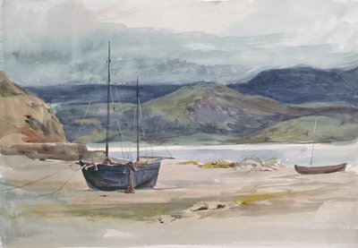 Mäkinen rannikkomaisema veneineen, 1800-luku tekijältä John Absolon
