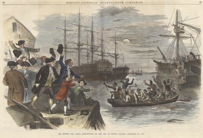 Bostonin teekutsut ? Teen tuhoaminen Bostonin satamassa 16. joulukuuta 1773, Ballous Pictorial Drawing-Room Companion pub. 1865 (värikaiverrus) tekijältä John Andrew