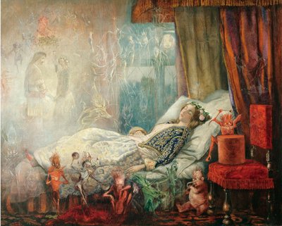 ""Le reve apres le bal masque"" (Unelma naamiopallon jälkeen) Peinture de John Anster Fitzgerald (1832-1906), - Öljy kankaalle, 35,5x44,5 - Yksityiskokoelma tekijältä John Anster Fitzgerald