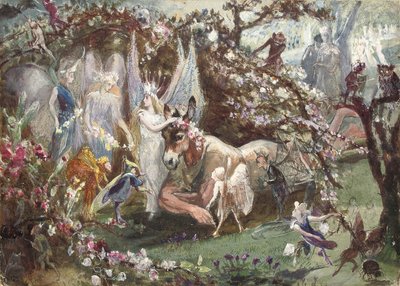 Titania ja Bottom William Shakespearen "Kesäyön unelmasta", tekijältä John Anster Fitzgerald