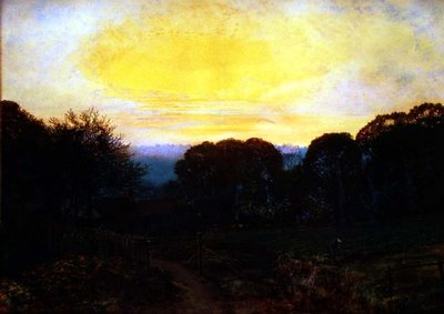 Puutarhuri kaivaa kaalilappua auringonlaskun aikaan tekijältä John Atkinson Grimshaw