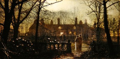 Kuutamoinen kohtaus kahdella hahmolla (öljy paneelissa) tekijältä John Atkinson Grimshaw