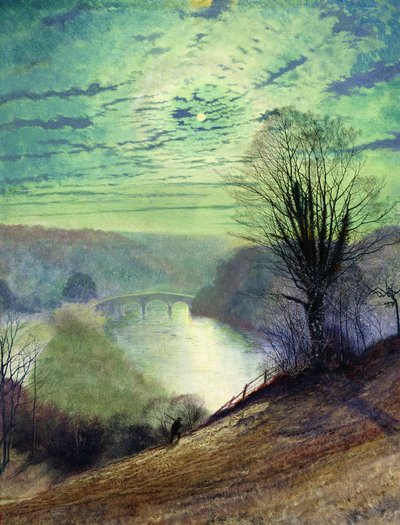 Tees-joella Barnard Castlen lähellä, noin 1868 (vesiväri ja guassi paperille). tekijältä John Atkinson Grimshaw