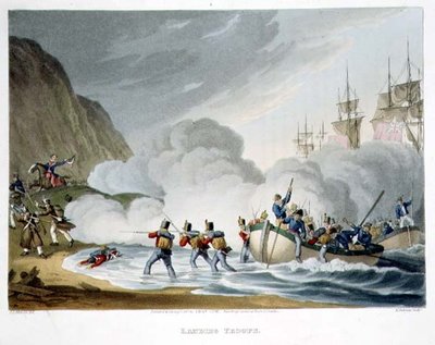 Landing Troops, kaiverrettu Matthew Dubourg (fl.1813-20) teoksesta Historic, Military and Naval Anekdootit, pub. kirjoittanut Edward Orme (1774-n. 1820) 1817 (akvatinta) tekijältä John Augustus (after) Atkinson