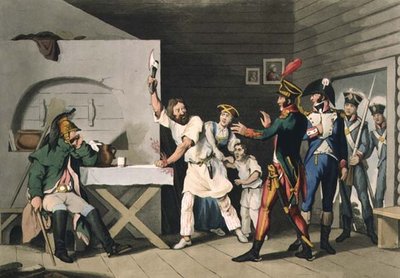 Venäjän uskollisuus ja sankarillisuus: Smolenskin talonpoika, kaiverrettu John Heaviside Clarkin (n.1771-1863) ja Matthew Dubourgin (fl.1813-20) teoksesta Historic, Military and Naval Anekdootit, pub. kirjoittanut Edward Orme (1774-n. 1820) 1816 (akvatinta tekijältä John Augustus (after) Atkinson