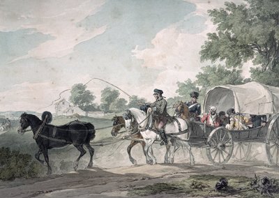 Belgialainen vaunu, joka kuljettaa haavoittuneita kentältä Waterloon taistelun jälkeen, 1815 tekijältä John Augustus Atkinson
