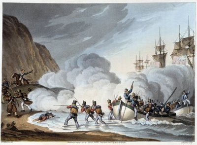 Joukkojen maihinnousu, 1800-luvun alku Edward Ornen "" Historiallisissa, sotilaallisissa ja merivoimien anekdooteissa..." tekijältä John Augustus Atkinson