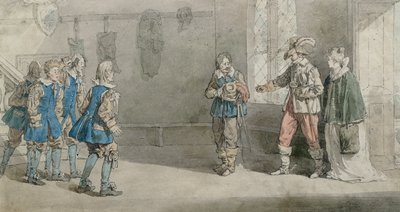 Petruchio, Katariina ja palvelijat kohtauksessa elokuvasta "Kurjenmiehen kesytys", noin 1815 (kynä ja wc paperille). tekijältä John Augustus Atkinson