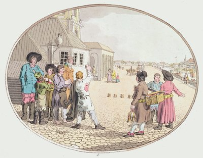 Venäläinen kyläkohtaus, 1800-luvun alku (käsinvärinen etsaus) tekijältä John Augustus Atkinson