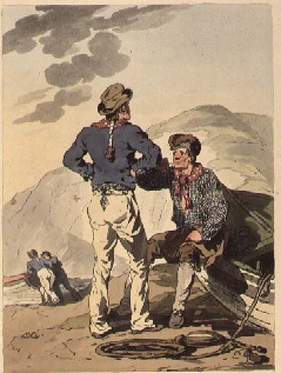 Taiteilijan kaivertama "The Costume of Great Britain" merimiehet, pubi. kirjoittaneet William Miller ja James Walker tekijältä John Augustus Atkinson