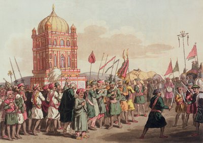 Taziyan kulkue, "A Mahratta Camp", 5. huhtikuuta 1813 (värikaiverrus) tekijältä John Augustus Atkinson