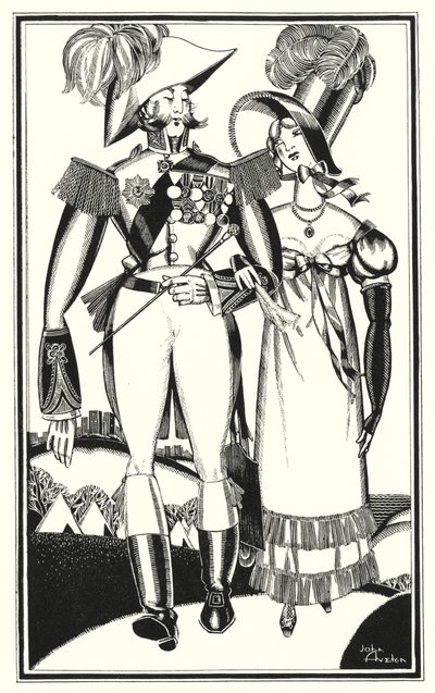 Lord Byronin kuvitus Don Juanille: mitalit, arvosanat, nauhat, pitsi, kirjonta, tulipunainen (litho) tekijältä John Austen