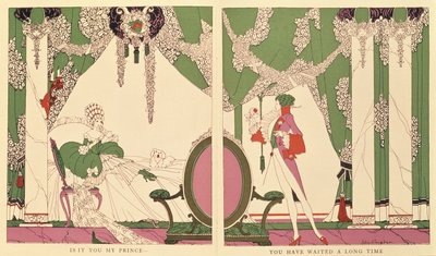 Prinsessa oleva kaunotar, kuvitus Charles Perraultin (1628-1703) "Tales of Times Passed" -teoksesta 1922 (värilitho) tekijältä John Austen