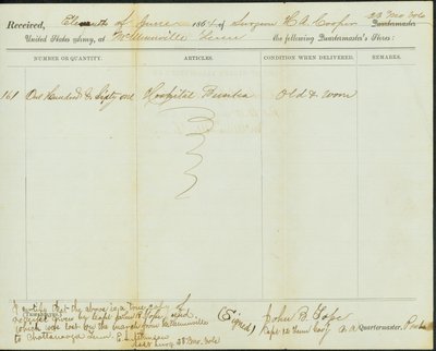 Ajan tasalla oleva jäljennös Quartermasterin varastojen vastaanottamisesta, alkuperäisen allekirjoitus John B. Tope, kapteeni, 12. Tennesseen ratsuväki, 11. kesäkuuta 1864. tekijältä John B. Tope