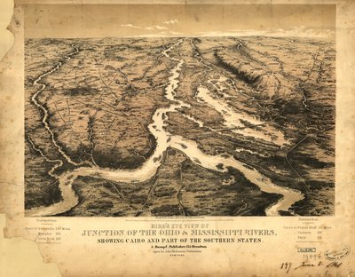 Lintuperspektiivistä Ohio- ja Mississippijokien risteys, jossa näkyy Cairo ja osa eteläisistä osavaltioista LOC 99447003 tekijältä John Bachmann