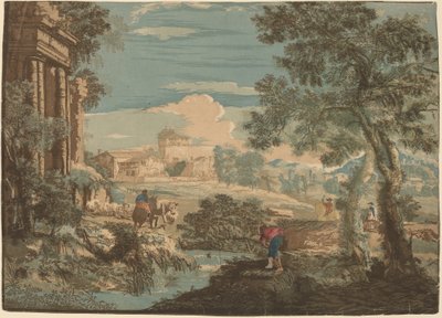 Sankarillinen maisema kalastajien, lehmien ja hevosmiesten kanssa tekijältä John Baptist Jackson after Marco Ricci