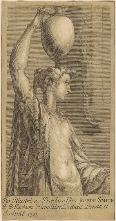 Nainen seisoo pitelee purkkia päässä tekijältä John Baptist Jackson, after Parmigianino