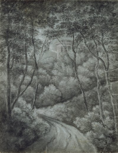 Maisema metsän läpi kulkevalla polulla ja klassisella temppelillä, 1700-luvun loppu. tekijältä John Baptist Malchair