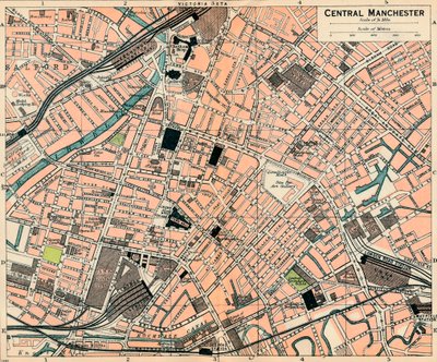 Manchesterin keskusta, 1900-luku tekijältä John Bartholomew