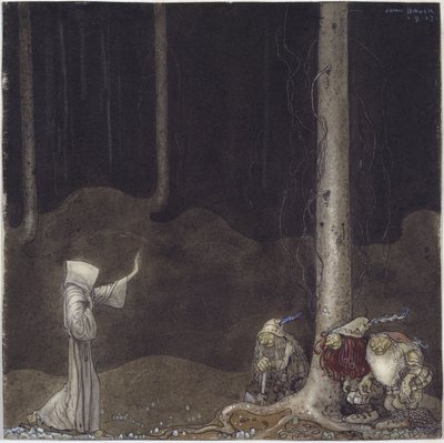 Frere Martin et les trois peikot - Brother Martin ja Three Trolls, kirjoittanut Bauer, John (1882-1918). Akvarelli paperille tekijältä John Bauer