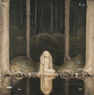 Prinsessa Tuvstarr istuu edelleen siellä haikeasti katsoen veteen, 1913 tekijältä John Bauer