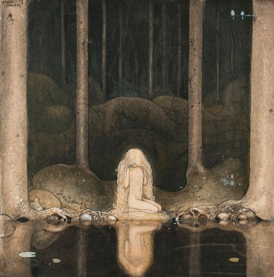 Prinsessa Tuvstarr katselee nostalgialla järven vettä tekijältä John Bauer