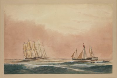 Futty Satam -alusta hinaamassa Mauritiukselle parakki "Otter" ja laiva "City of Poona" 1851, noin 1851 (vesiväri). tekijältä John Becket Hodgson