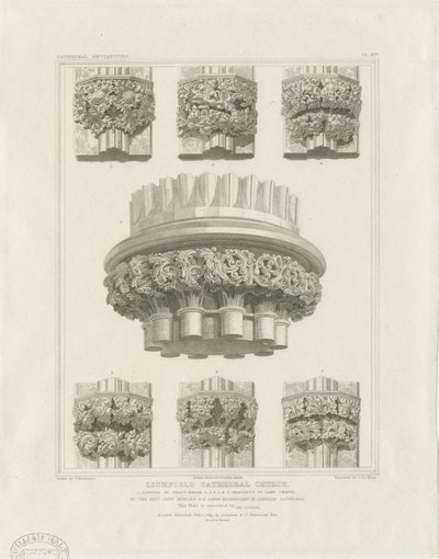 Lichfieldin katedraalin sisätilat - kappelihuoneen pylväs ja Lady Chapelissa olevat kannattimet: kaiverrus, nd [n. 1819] (vedos) (kuva) tekijältä John Britton