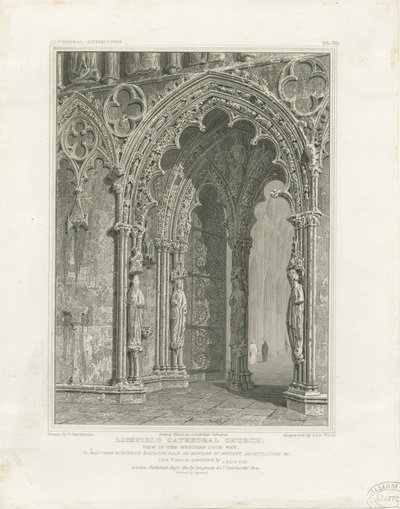 Lichfield Cathedral - West Door: kaiverrus ja [c 1820] tekijältä John Britton