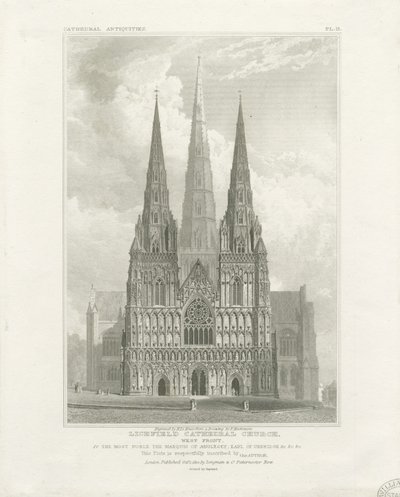 Lichfield Cathedral - West Front: kaiverrus, nd [c 1820] tekijältä John Britton