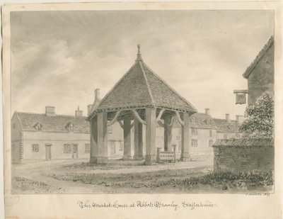 Abbots Bromley - Market House and Stocks: seepiapiirros, 1839 tekijältä John Buckler