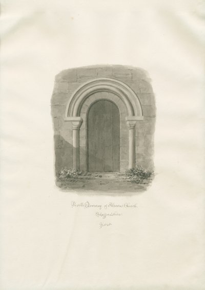 Alrewasin kirkko - North Doorway: seepiapiirros tekijältä John Buckler