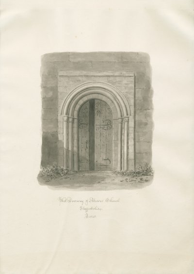 Alrewasin kirkko - West Doorway: seepiapiirros tekijältä John Buckler