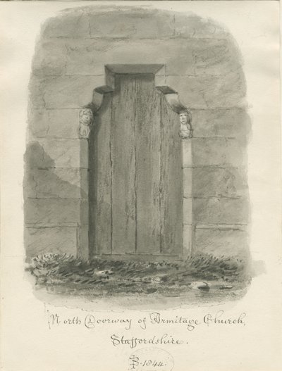 Armitagen kirkko - North Doorway: seepiapiirros tekijältä John Buckler