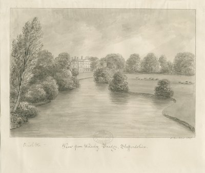 Bishton Hall: seepiapiirustus, 1841 tekijältä John Buckler