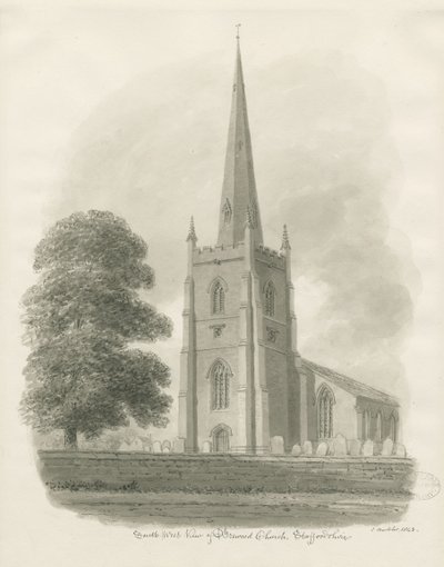 Brewood Church: seepiapiirros, 1843 tekijältä John Buckler