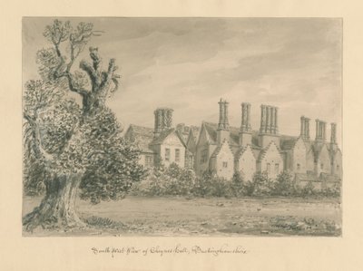 Buckinghamshire - Chenies Hall: seepiapiirustus, 1824 tekijältä John Buckler