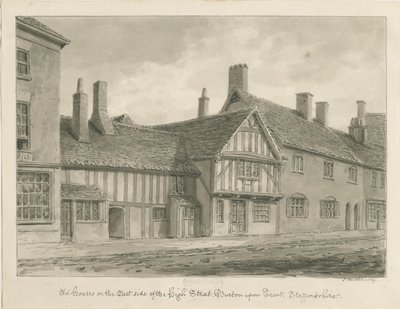 Burton-upon-Trent - Vanhat talot High Streetillä: seepiapiirros tekijältä John Buckler