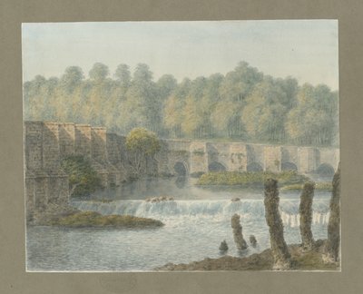 Burton-upon-Trent Bridge and Town: akvarellimaalaus ja [?1700-luku] tekijältä John Buckler