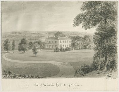 Cheddleton - Ashcombe Hall: seepiapiirustus, 1844 tekijältä John Buckler