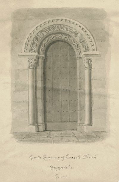 Codsallin kirkko - South Doorway: seepiapiirros tekijältä John Buckler