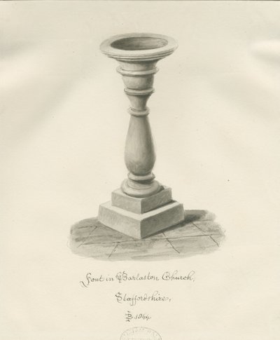 Fontti Barlastonin kirkossa: seepiapesupiirros, 1844 tekijältä John Buckler
