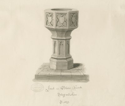 Fontti Bloren kirkossa: seepiapiirros, 1839 tekijältä John Buckler